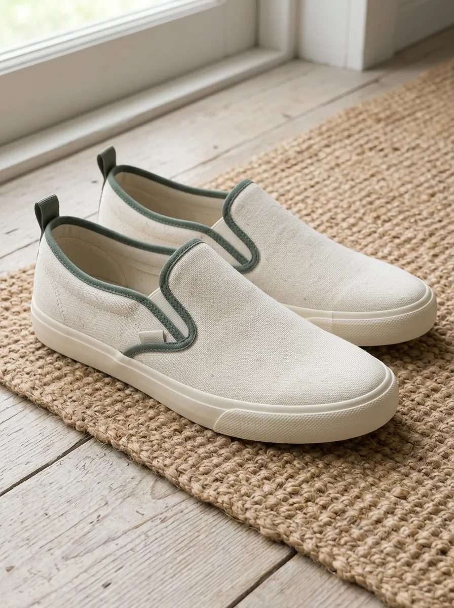 Men's Minimalist Beige Green Trim Printed Canvas Slip-on Shoes
