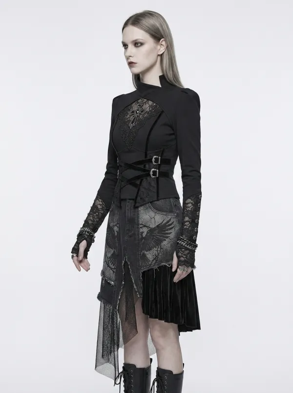 Women's Gothic Raven Cross Lace Printed Top