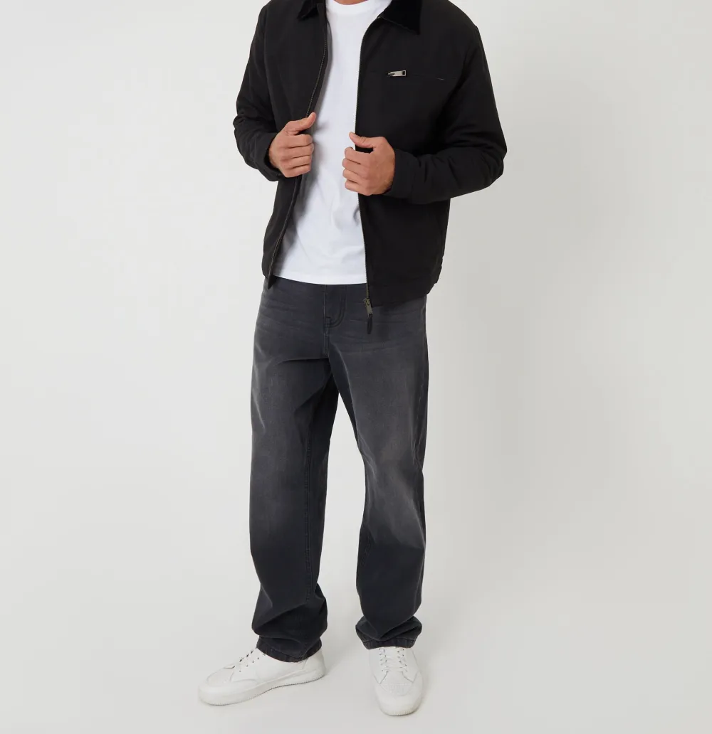 Black Cotton Canvas Jacket With Corduroy Collar