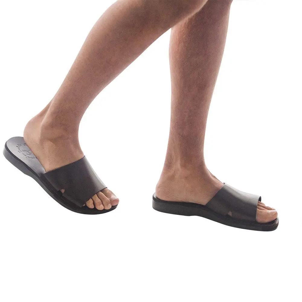 Leather Wide Strap Slide Sandals