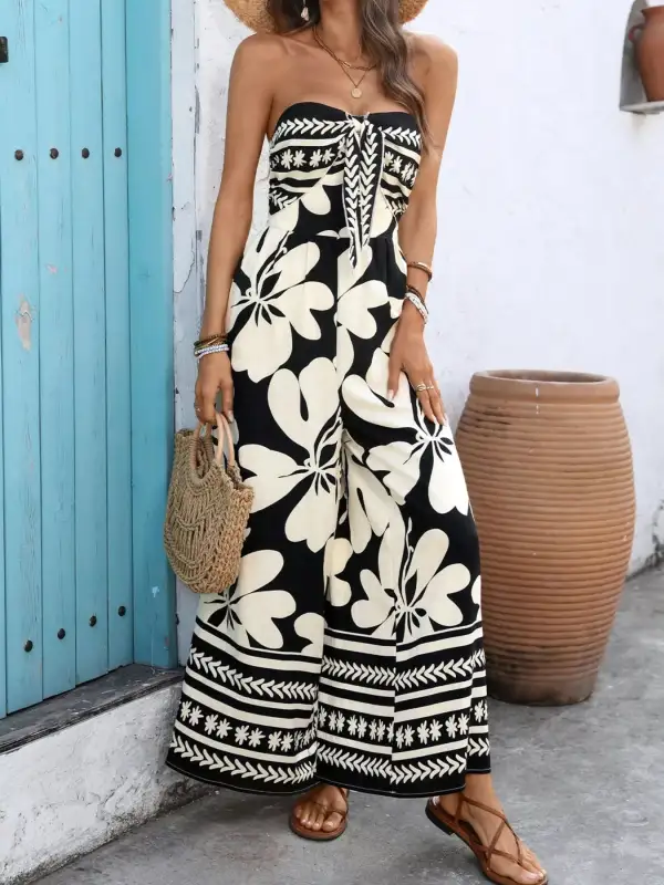 Floral Print Strapless Tie Front Wide Jumpsuit