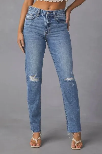 Raw-Hem Distressed Washed Pocketed Straight Leg Jeans