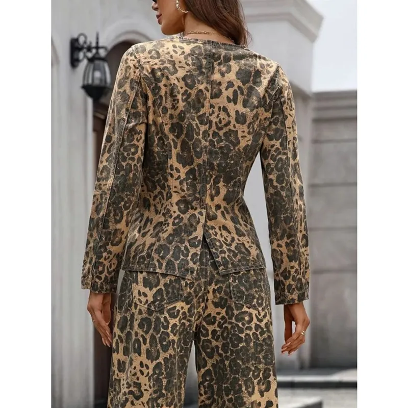 Leopard Button-Up Long-Sleeve Denim Shirt