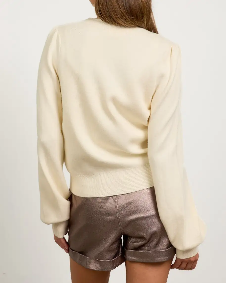 Ribbon Trim Puff Sleeve Cardigan
