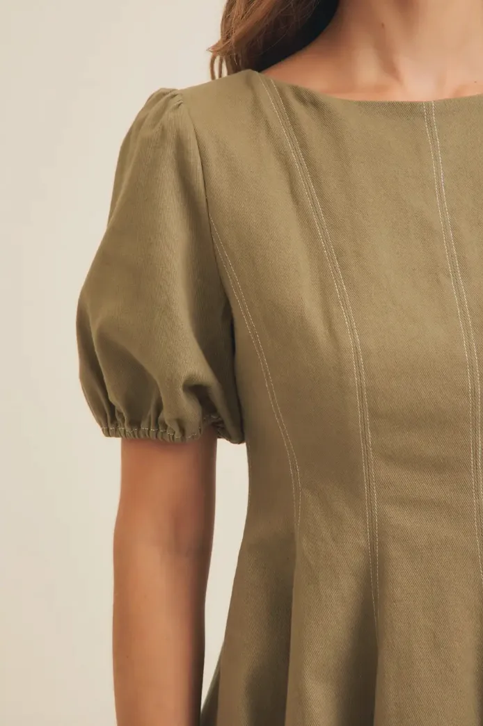 Olive Puff Sleeve Cotton Twill Mini Dress