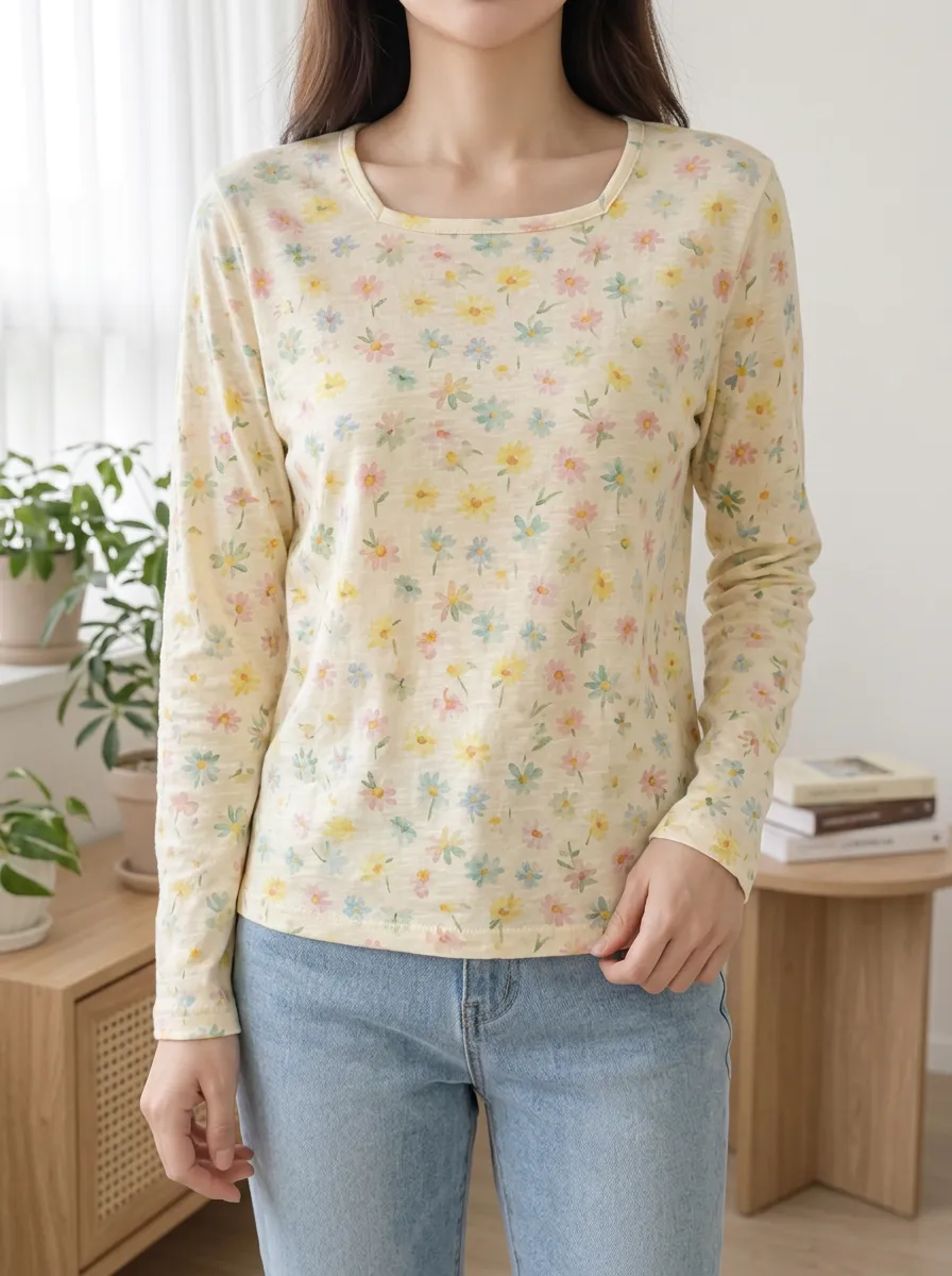 Women's Sweet Style Pastel Floral Printed Long Sleeve T-shirt