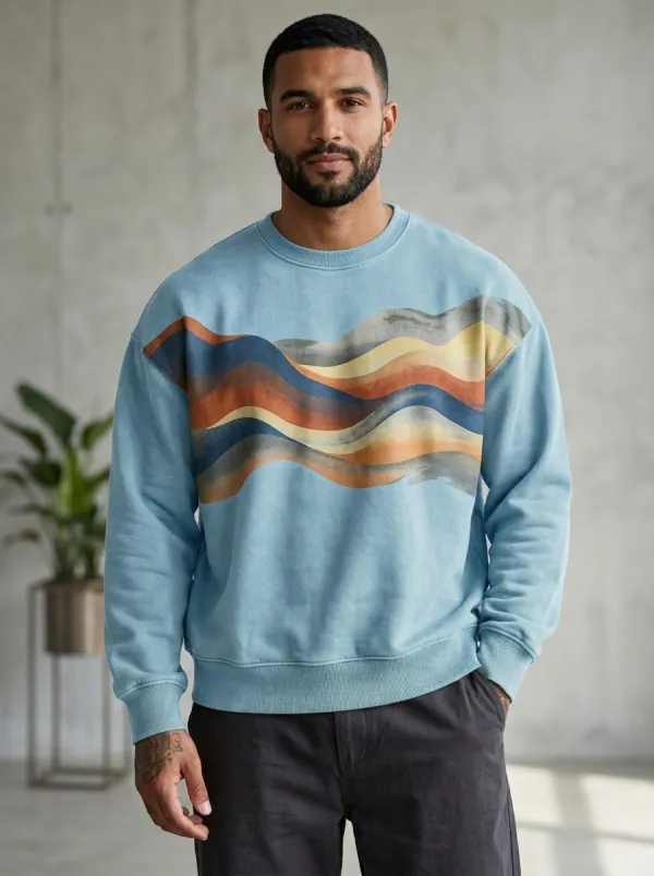 Men's Abstract Wave Pattern Printed Crewneck Sweatshirt