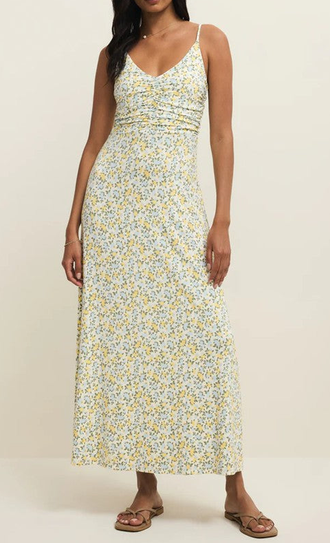 Yellow Ditsy Floral Ruched Maxi Dress