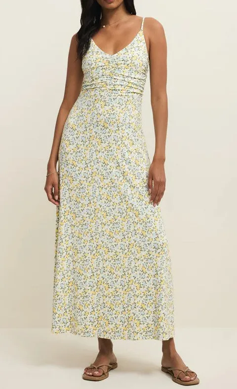 Yellow Ditsy Floral Ruched Maxi Dress