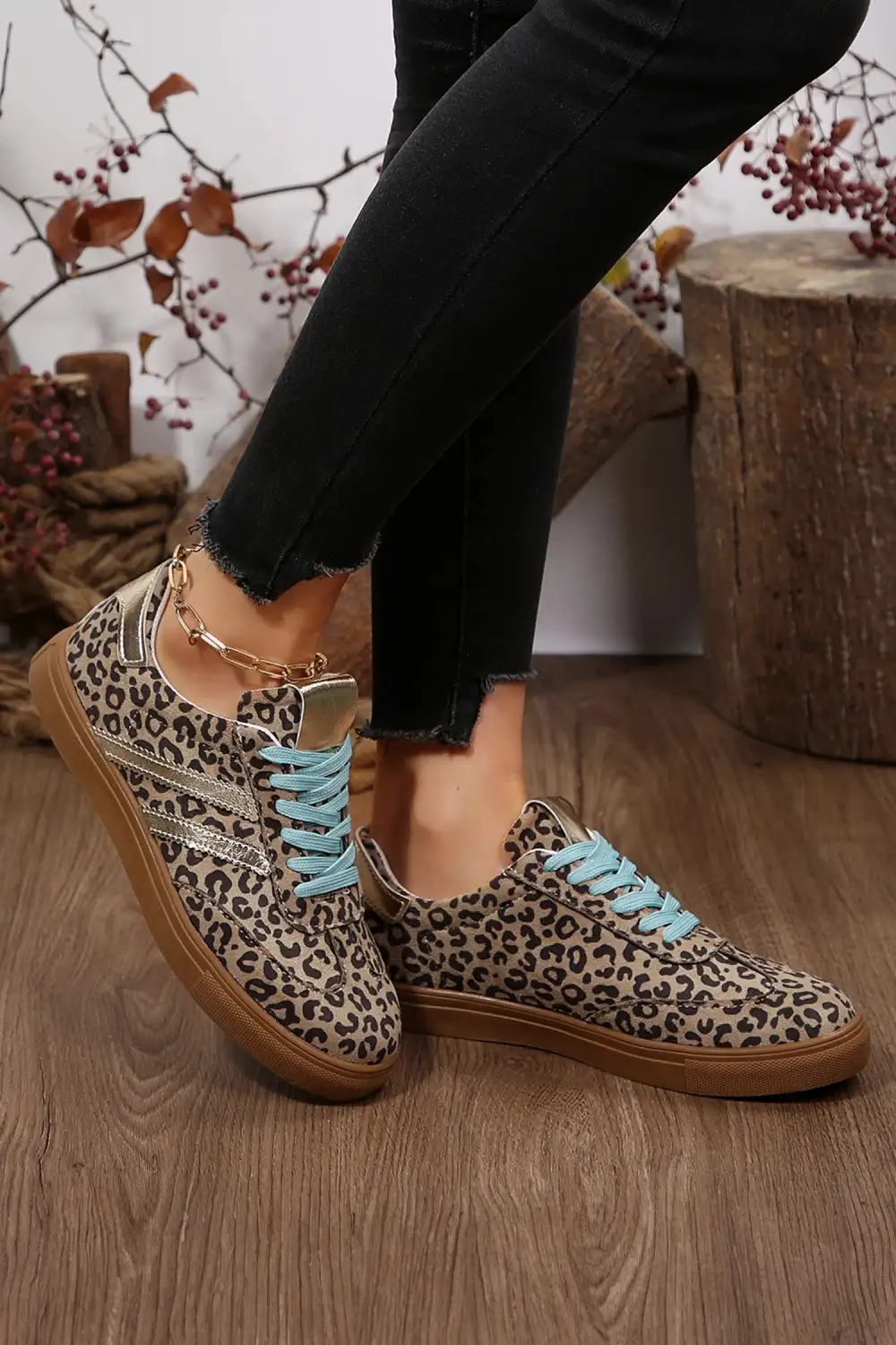 Leopard Faux Suede Leather Lace-Up Casual Sneakers