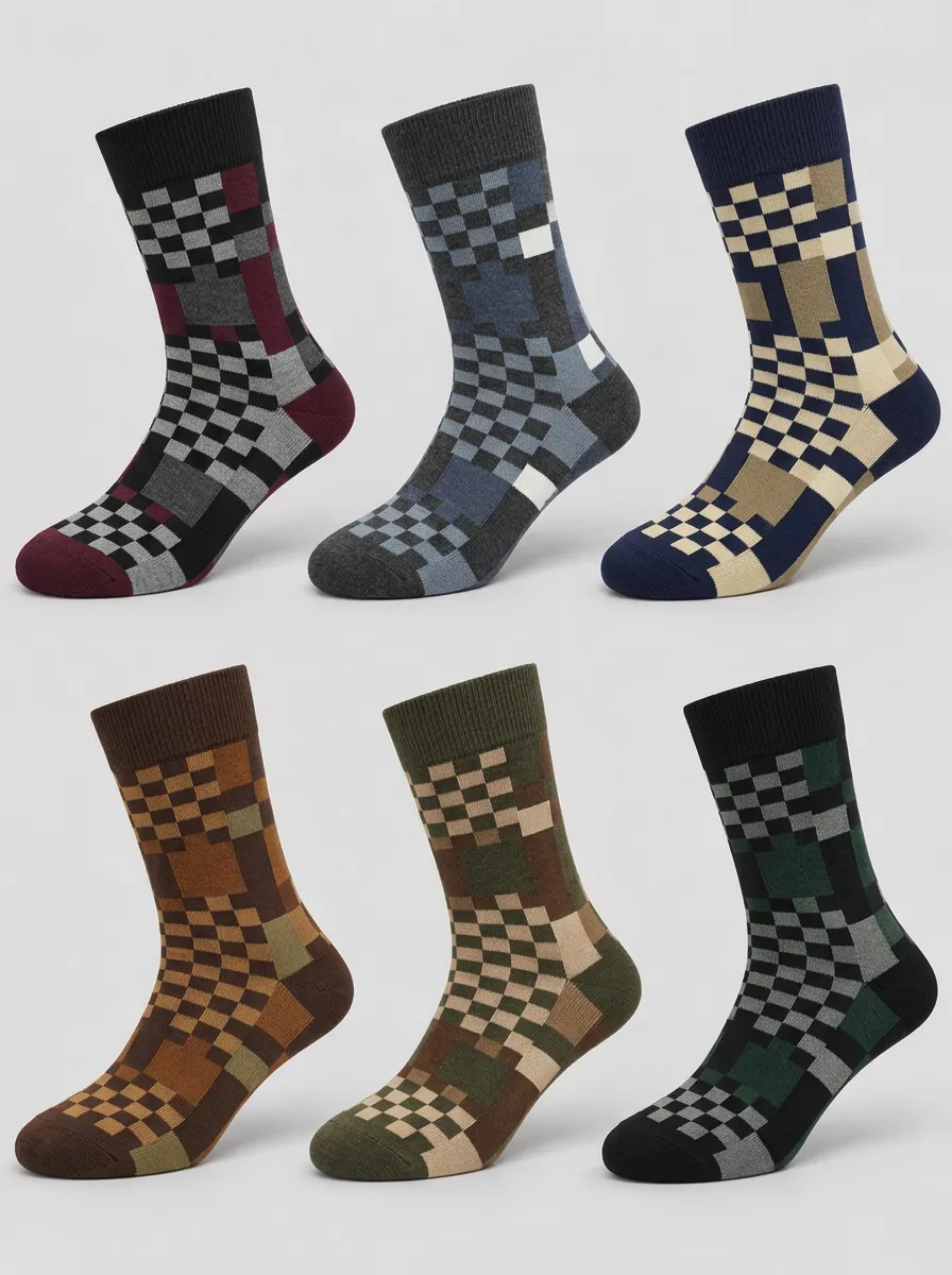 Men's Heritage Geometric Checkered Pattern Printed Crew Socks 6-Pack