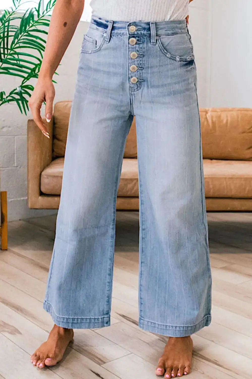 Wide Leg Button Denim Jeans