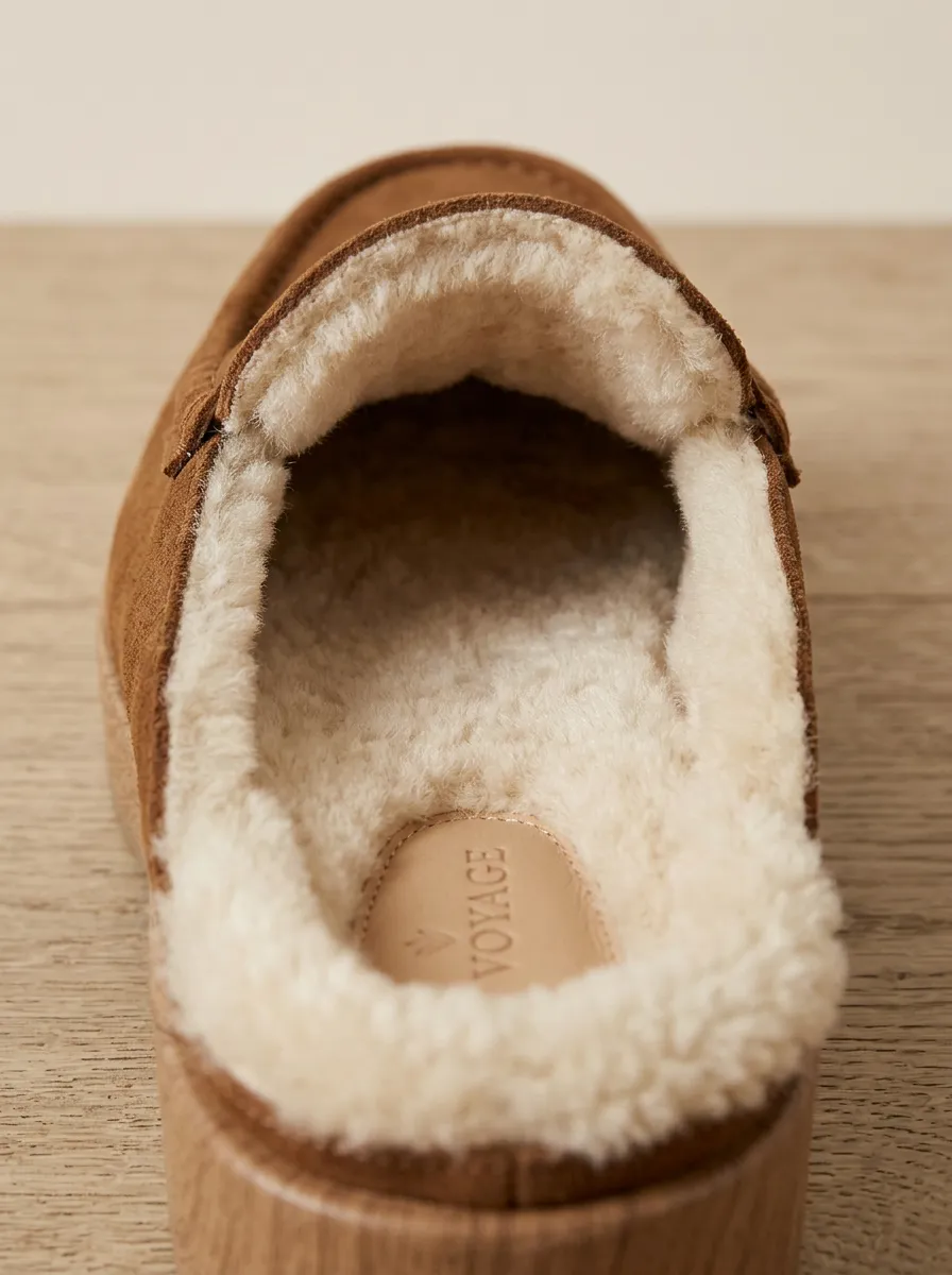 Women's Faux Fur Lined Platform Suede Wood Sole Loafers