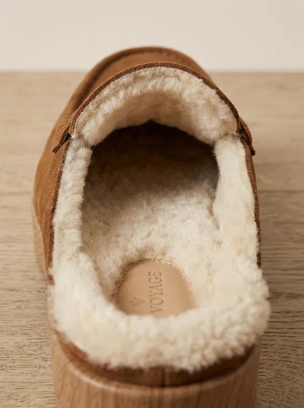 Women's Faux Fur Lined Platform Suede Wood Sole Loafers