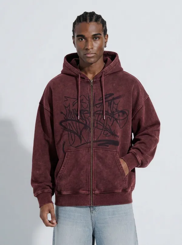 Men's Streetwear Graffiti Art Washed Black Printed Zip-up Hoodie