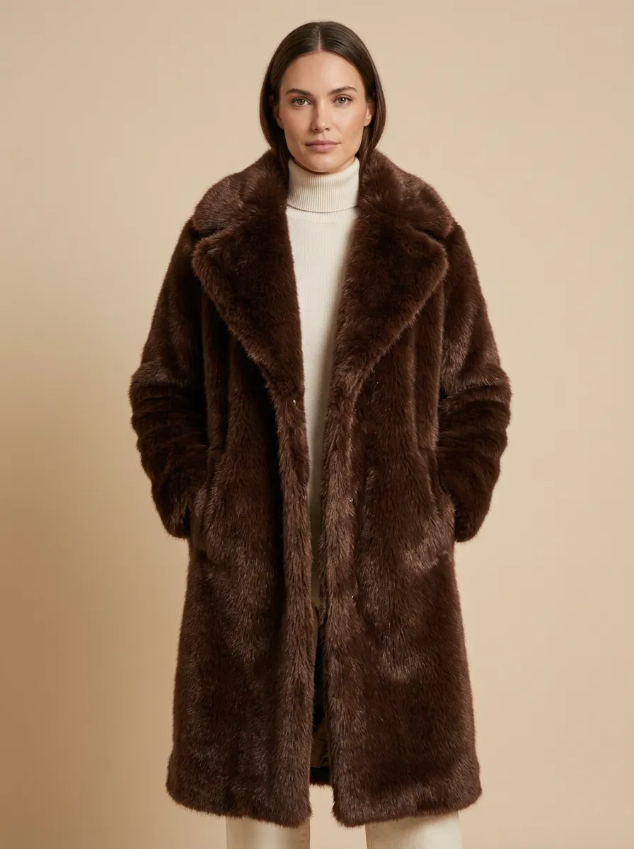 Side Pockets Faux Fur Long Coat