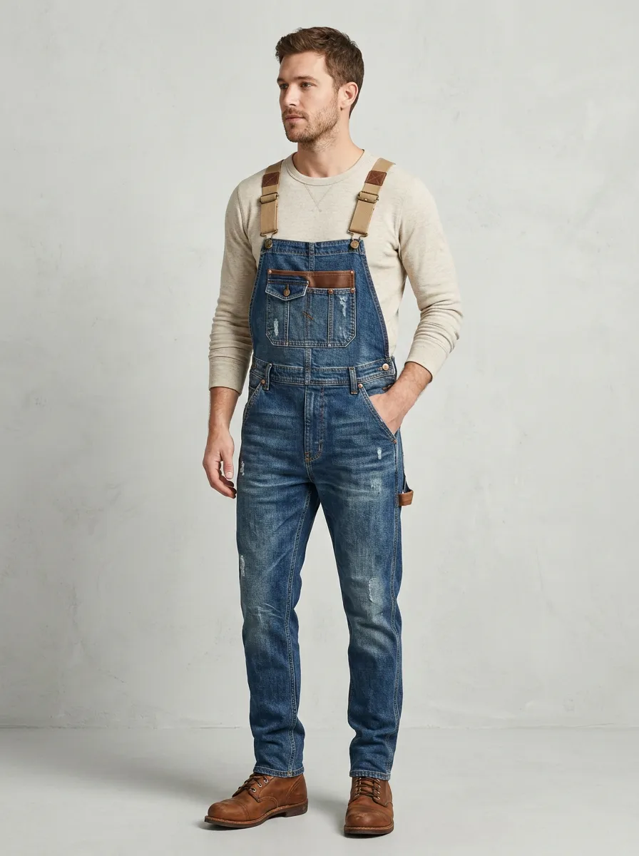 Men's Casual Vintage Distressed Denim Bib Overalls
