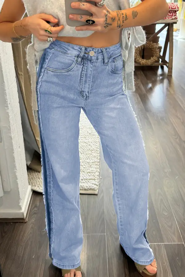 Women's Contrast Stripe Frayed Side Panel Patchwork Shift Jeans