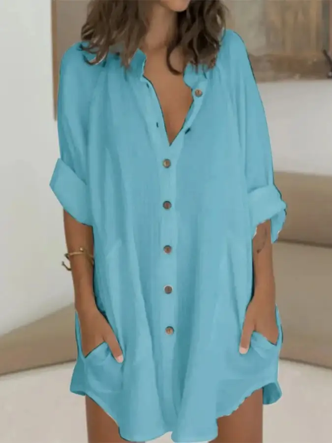 Women's Cotton Linen Loose Half Sleeve Shirt Dress