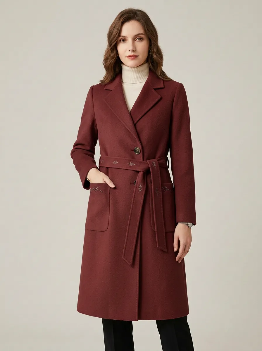 Women's Minimalist Leaf Embroidered Camel Wool Coat