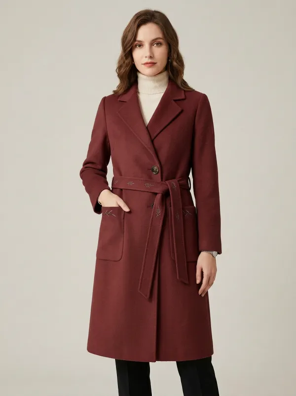Women's Minimalist Leaf Embroidered Camel Wool Coat