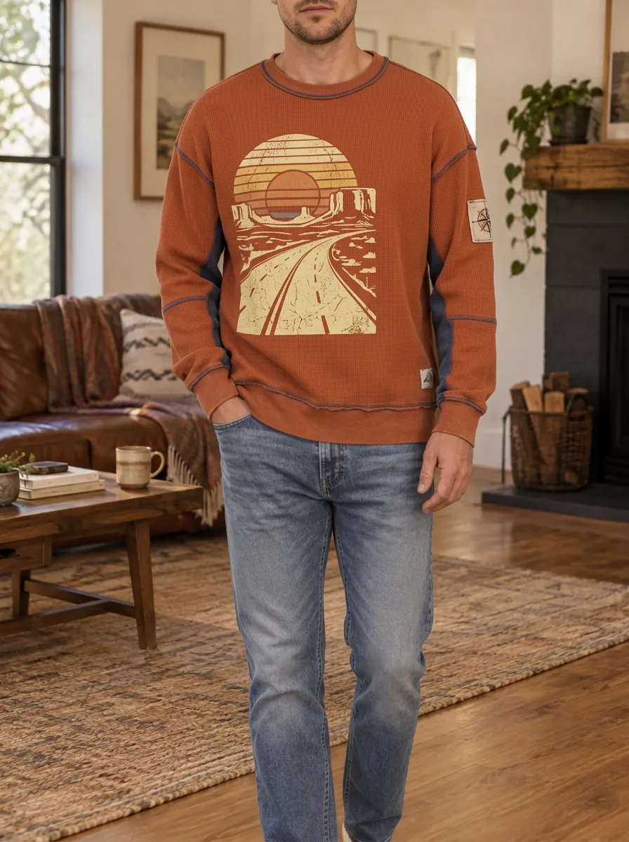 Men's Rust Graphic Printed Waffle Crewneck Sweatshirt