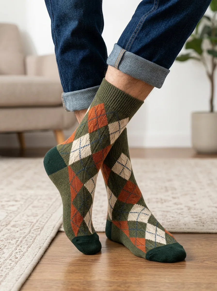 Men's Refined Argyle Pattern Crew Colorblock Pattern Socks