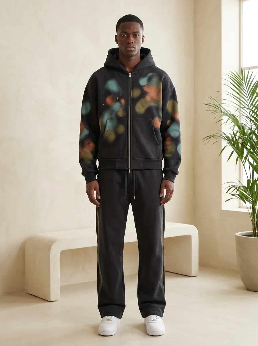 Men's Streetwear Spray Paint Pattern Printed Hoodie Tracksuit