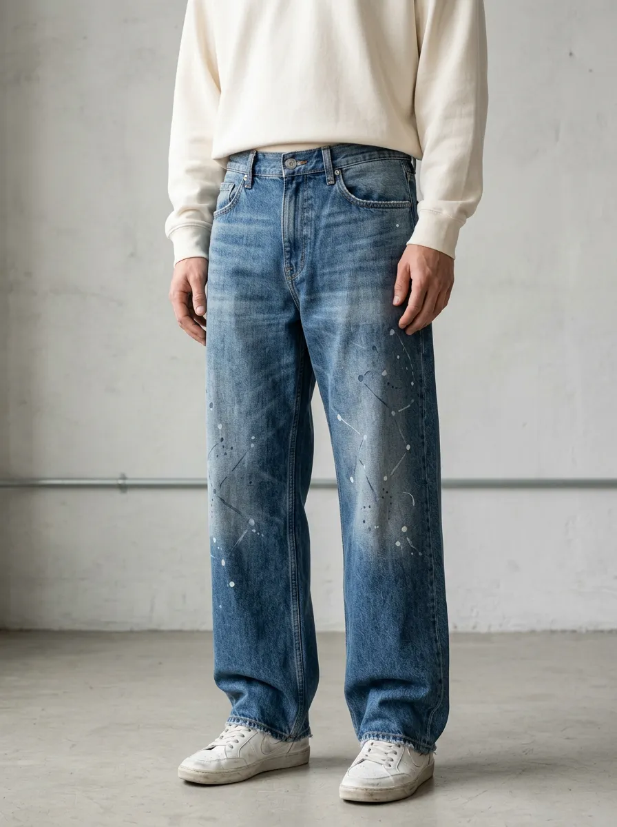 Men's Streetwear Paint Splatter Printed Wide Leg Jeans