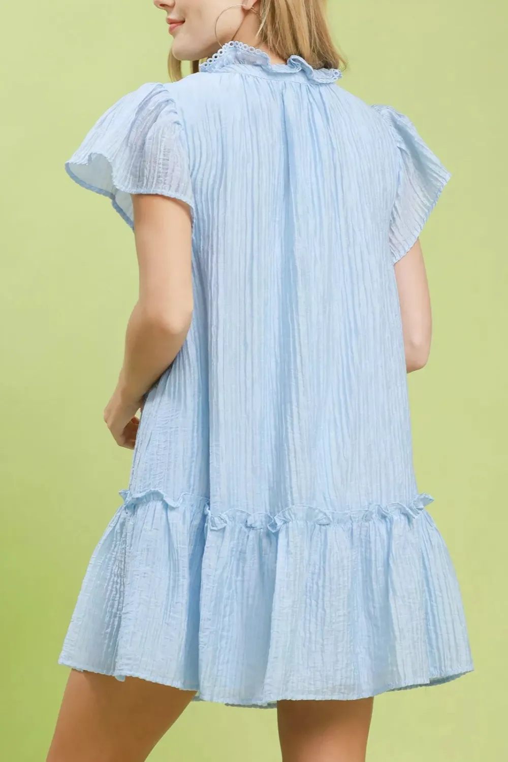 V-Neck Flutter Sleeve Tiered Ruffle Hem Mini Dress