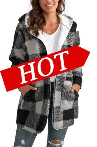 Womens Fuzzy Fleece Open Front Hooded Cardigan Jackets Sherpa Coat with Pockets