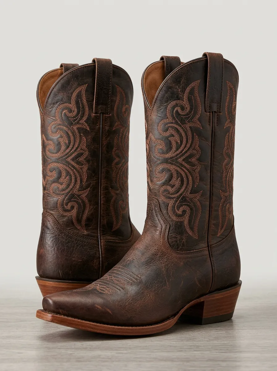 Southwestern Embroidered Distressed Leather-Look Collection Unisex Western Cowboy Boots