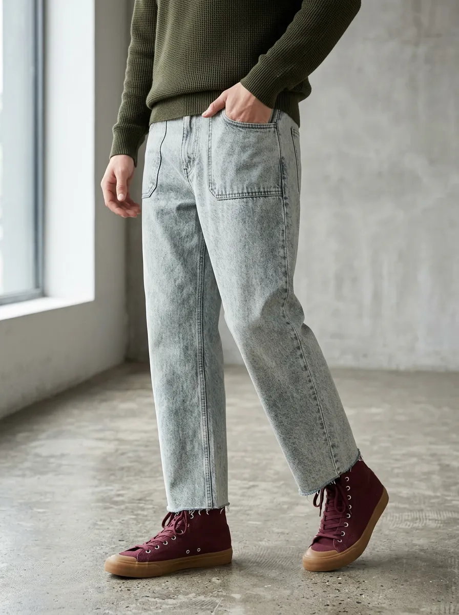Men's Vintage Acid Wash Raw Hem Patch Pocket Jeans