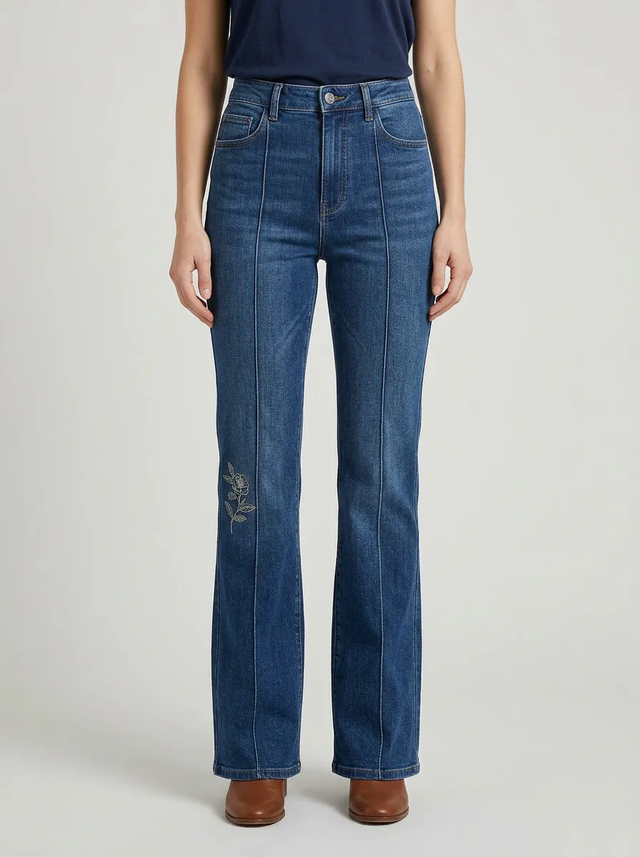 Women's Tonal Floral Lower-Leg Embroidered Front-Seam Flare Jeans