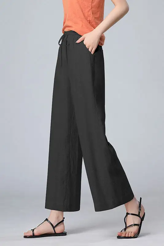 Structured Linen Wide Leg Elastic Waist Pocketed Trousers