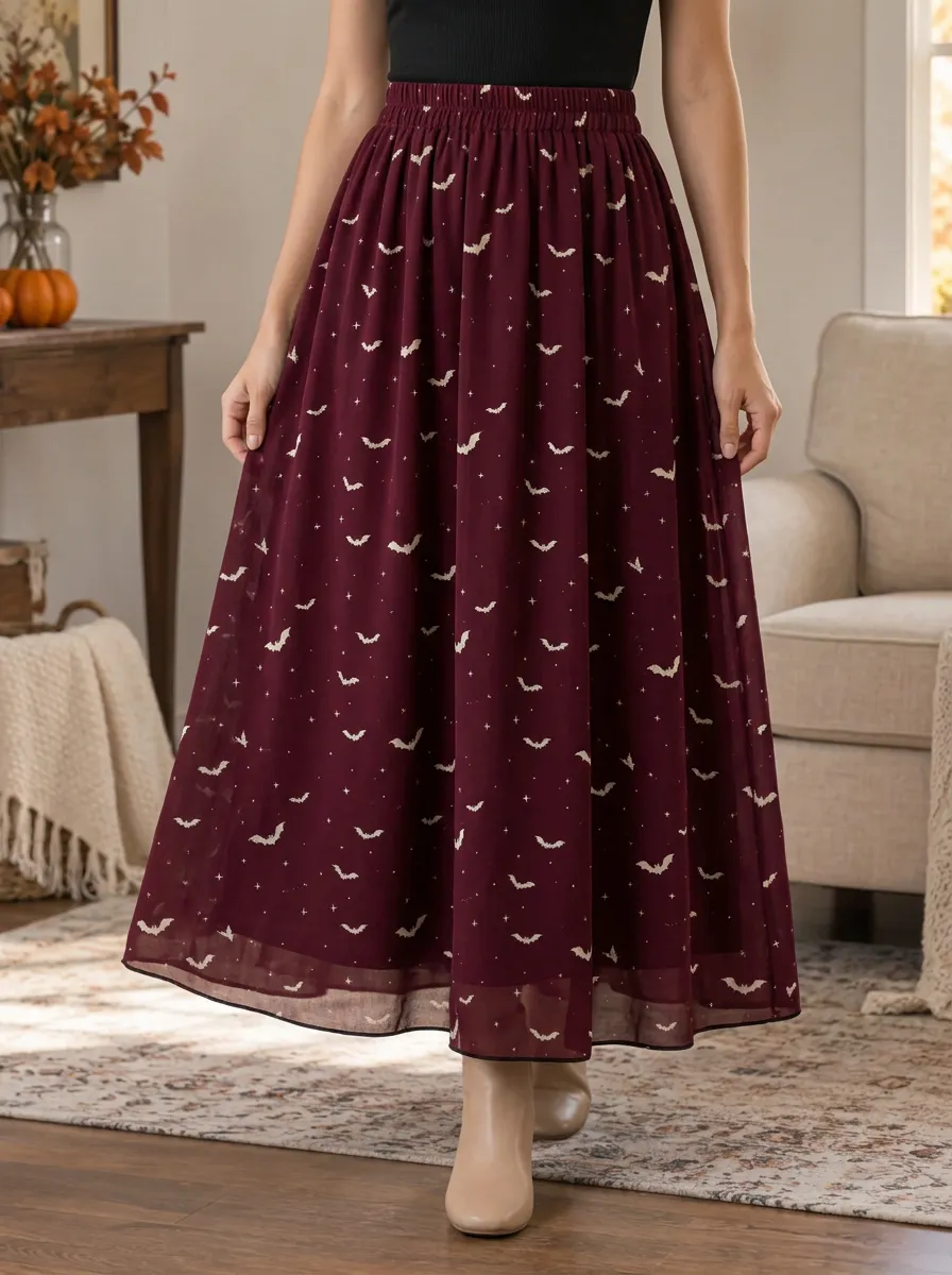 Women's Halloween Gothic Bat Star Printed Midi Skirt