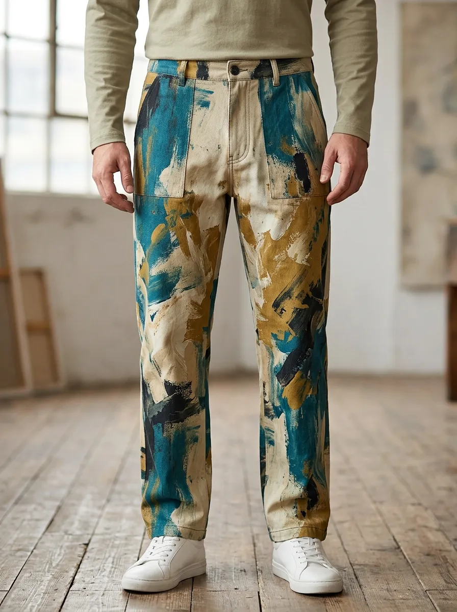 Men's Abstract Art Lover Teal Mustard Brushstroke Printed Pants