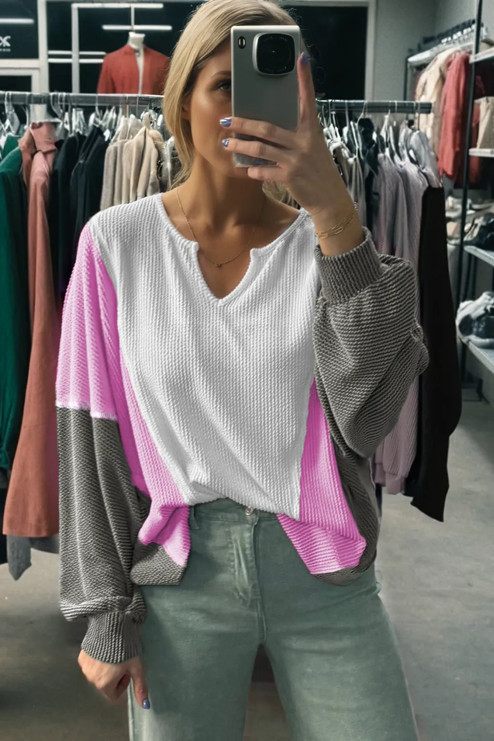 White Spiral Ribbed Raw Seam Top
