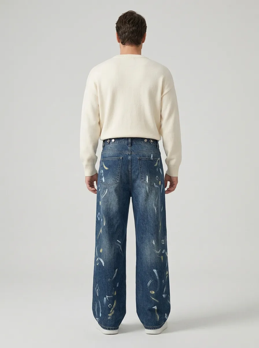 Men's Abstract Art Pattern Printed Wide Leg Jeans