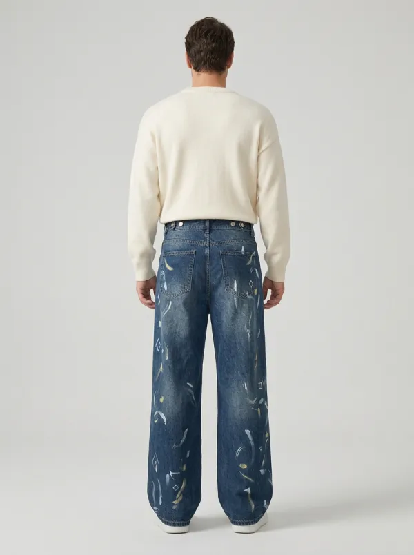 Men's Abstract Art Pattern Printed Wide Leg Jeans