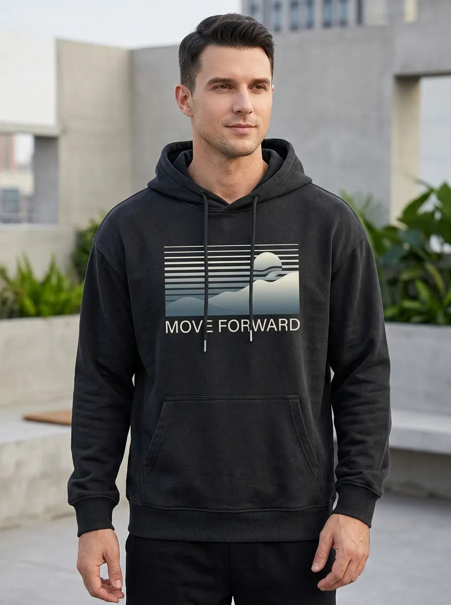Men's Motivational Move Forward Mountain Sunset Print Hoodie