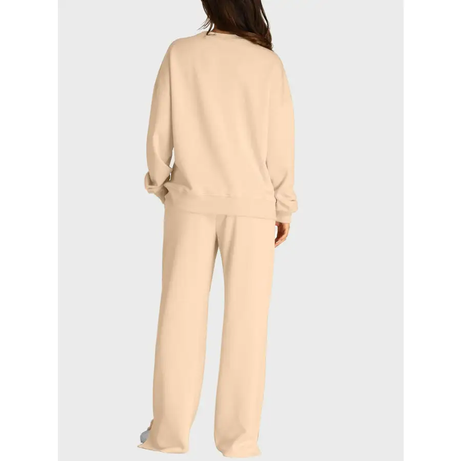 Round Neck Long Sleeve Top and Slit Pants Set
