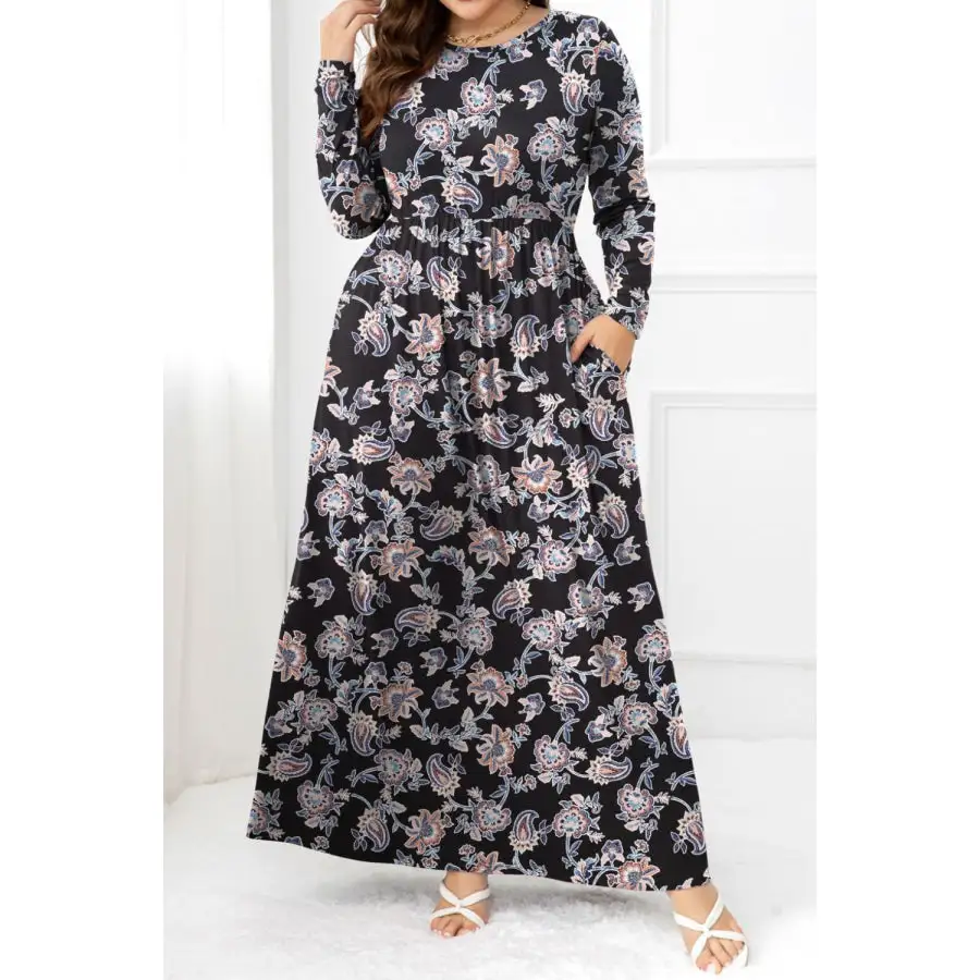 Plus Size Round Neck Long Sleeve Maxi Dress with Pockets