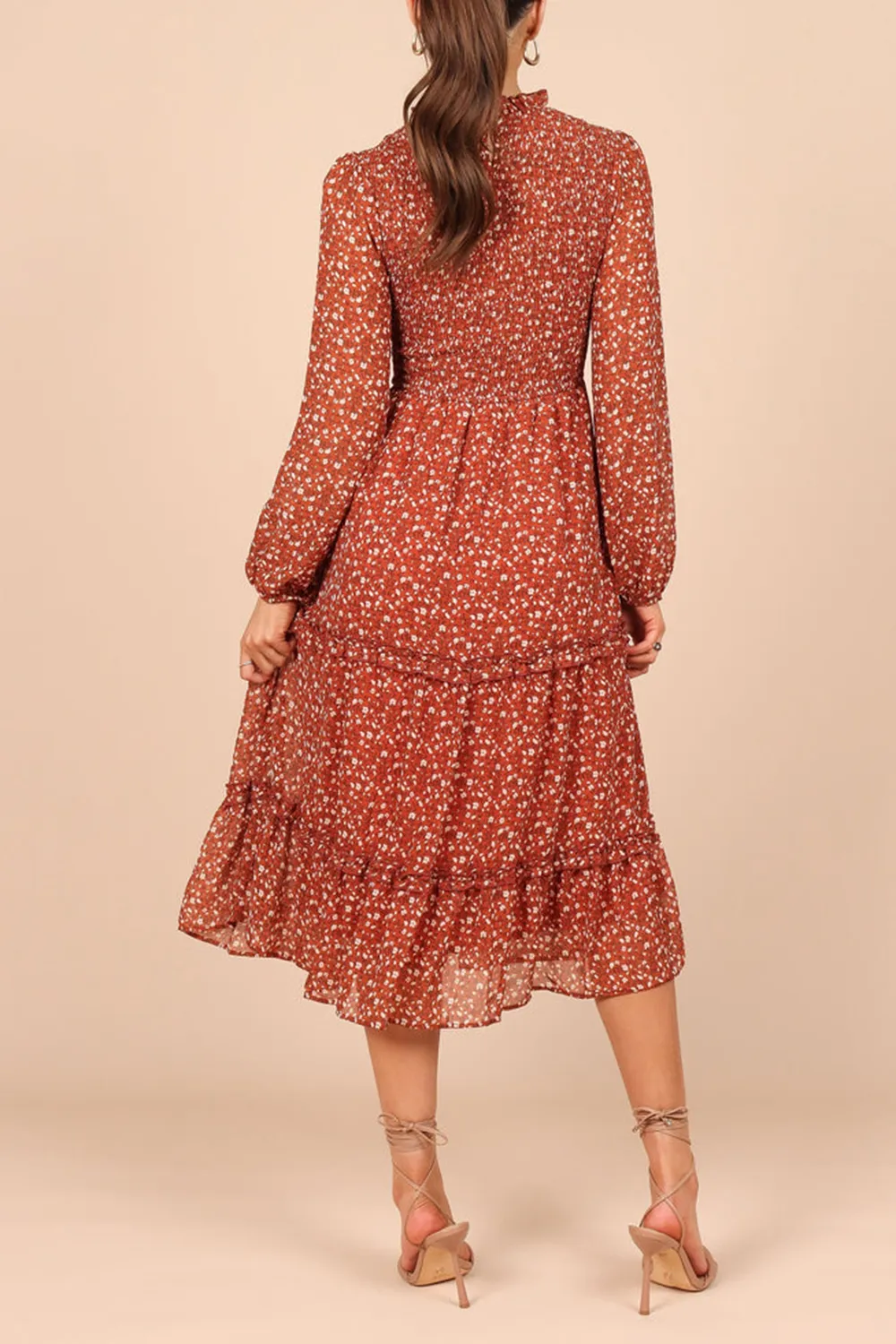 NAVY FLORAL SHIRRED FRILL LONG SLEEVE MIDI DRESS