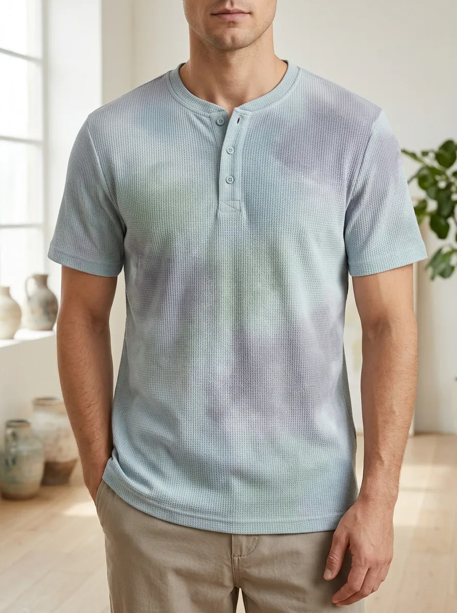 Men's Relaxed Tie-Dye Waffle Knit Artwork Henley T-Shirt