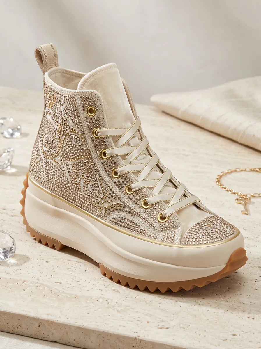 Floral Lace-Detail Lace-Up Women's Rhinestone Platform Shoes