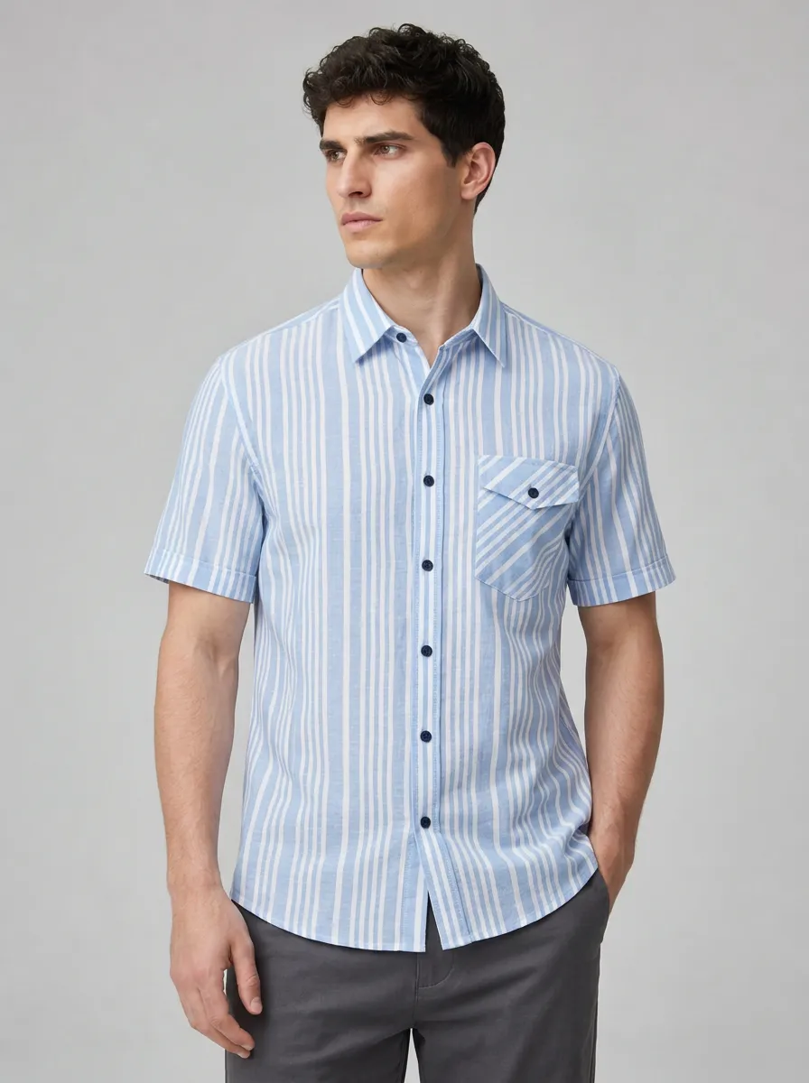 Men's Light Blue Striped Short-Sleeve Button-Down Shirt