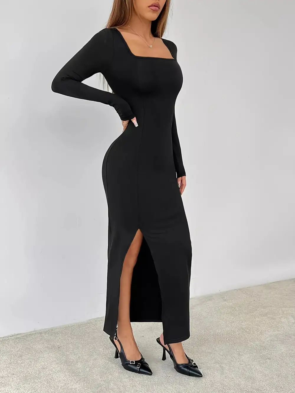 Square Neck Slit Long Sleeve Maxi Dress