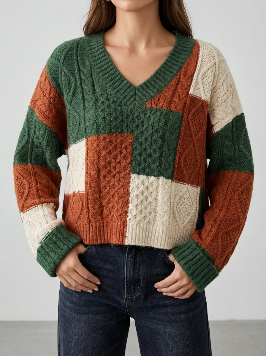 Women's Colorblock Patchwork Cable-Knit V-Neck Sweater