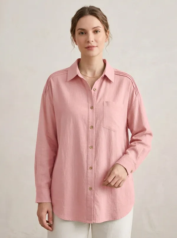 Women's Casual Sage Green Pleated Shoulder Button Down Shirt